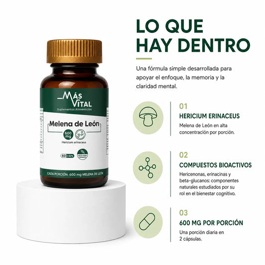 Melena de León Más Vital con 600 mg por porción y cápsulas vegetales