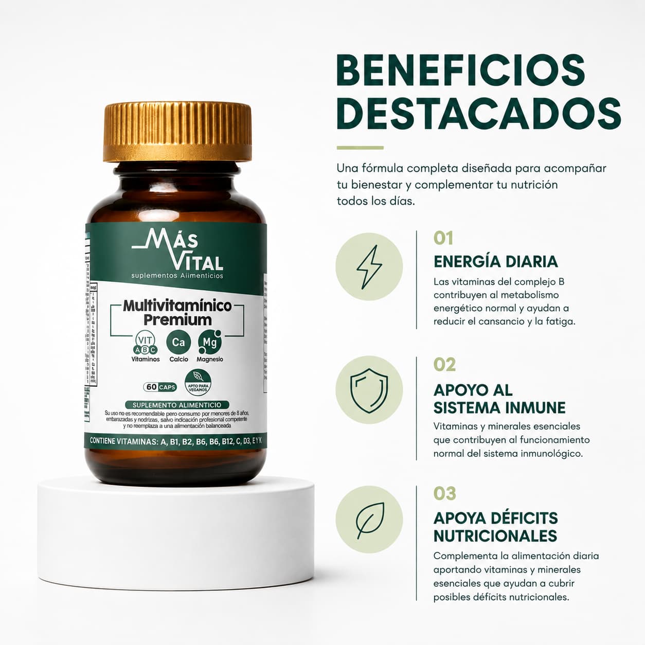 Multivitamínico Premium Más Vital con beneficios destacados: energía diaria, apoyo al sistema inmune y cobertura nutricional