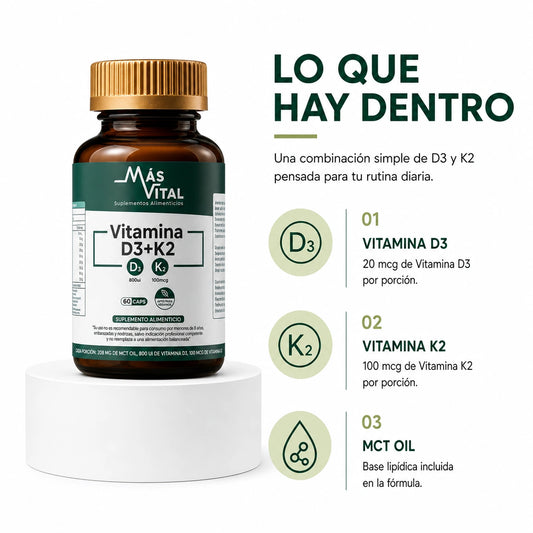 Vitamina D3 + K2 | 800 UI + 100 mcg | 60 Cápsulas | 2 meses