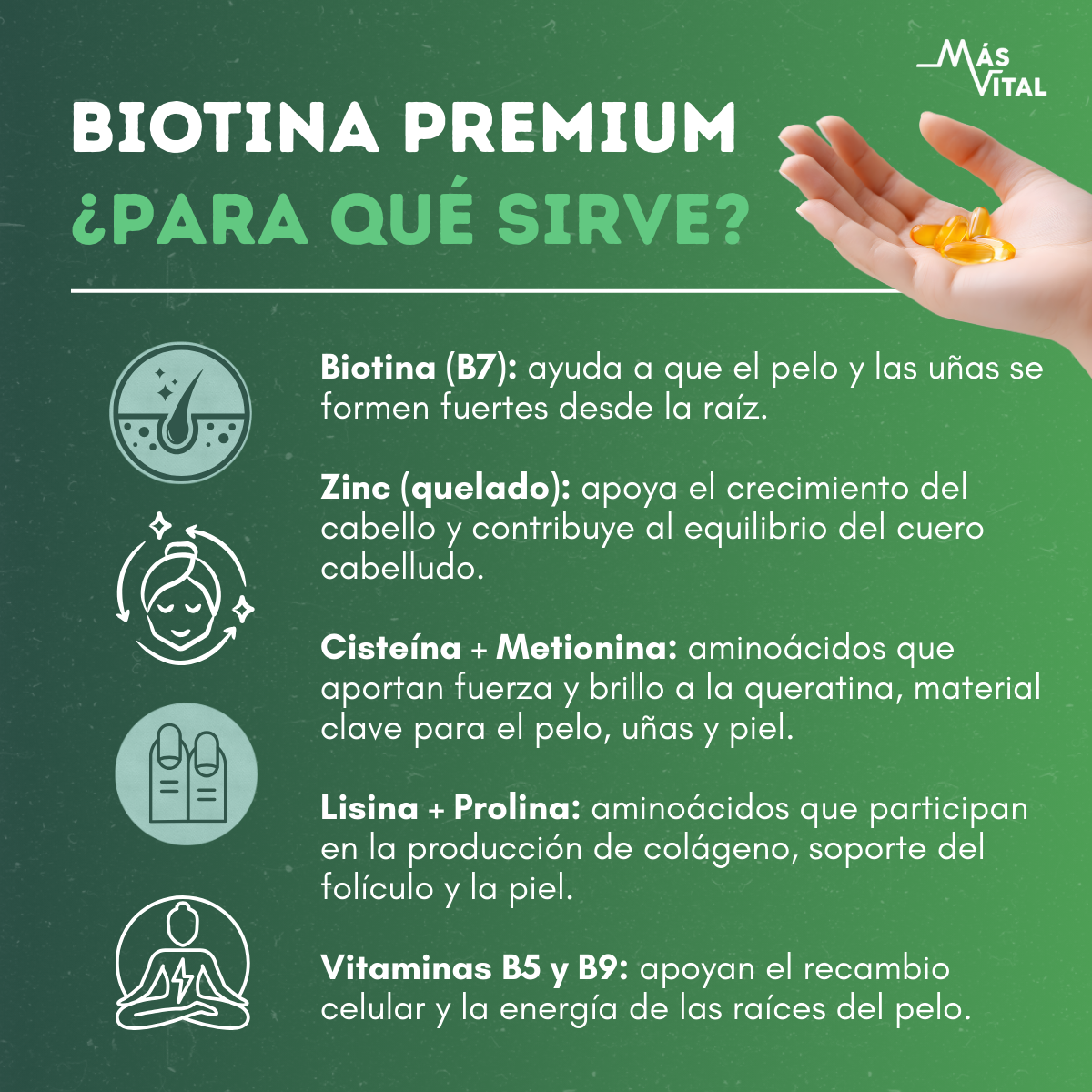 Biotina Premium - Solución capilar, Piel y Uñas | 60 cápsulas