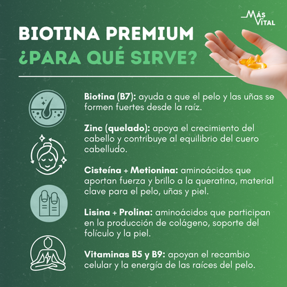 Biotina Premium - Solución capilar, Piel y Uñas | 60 cápsulas