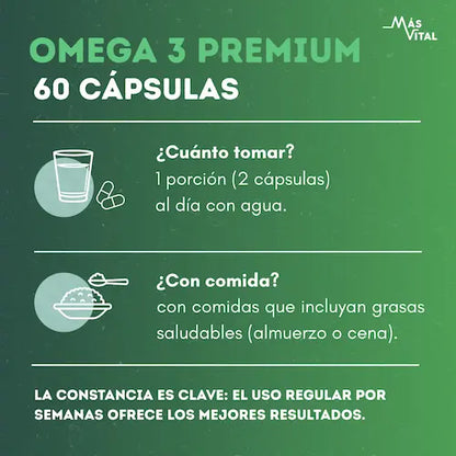 suplemento de omega-3 premium en cápsulas, 60 unidades, enfocado en bienestar general, corazón y mente.