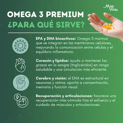 suplemento de omega-3 en cápsulas, 60 unidades, enfocado en bienestar general, corazón y mente.