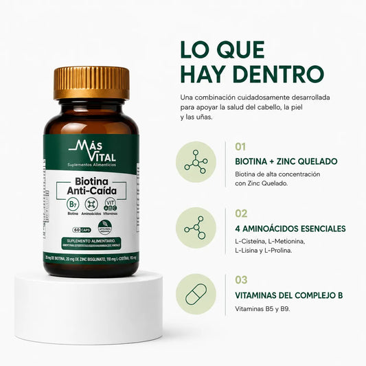 Biotina Premium Más Vital mostrando fórmula para cabello, piel y uñas con vitaminas esenciales