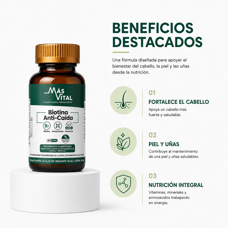 Biotina Premium Más Vital con beneficios destacados para fortaleza capilar, uñas y piel