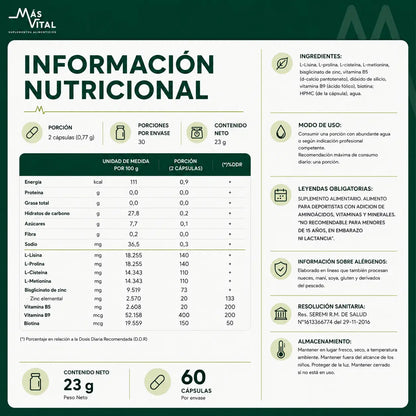 Tabla nutricional de Biotina Premium Más Vital con porción diaria de 2 cápsulas