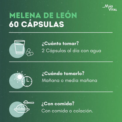 Guía de consumo Melena de León 60 cápsulas: tomar 2 cápsulas al día con agua, en la mañana o media mañana