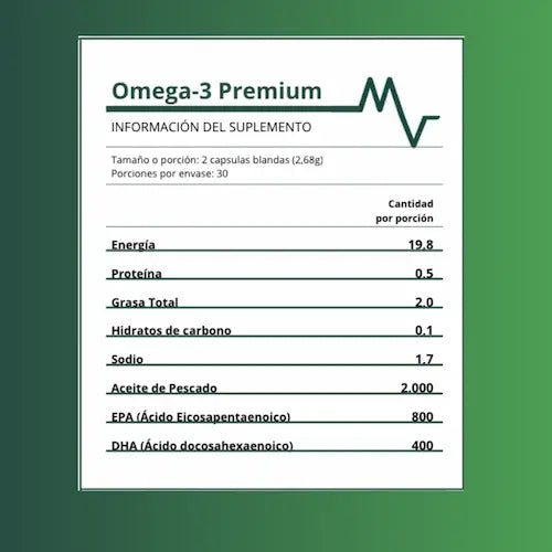 suplemento de omega-3 premium en cápsulas, 60 unidades, enfocado en bienestar general, corazón y mente.