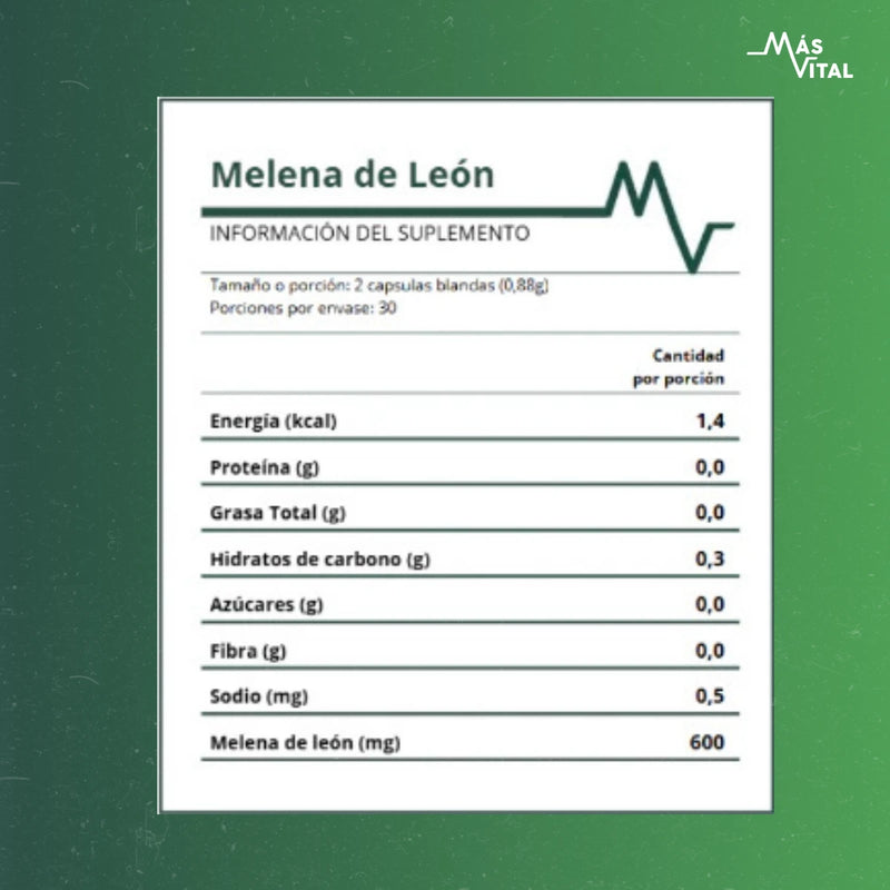 Información del suplemento Melena de León: tabla de composición y dosis (2 cápsulas) con 600 mg de melena de león