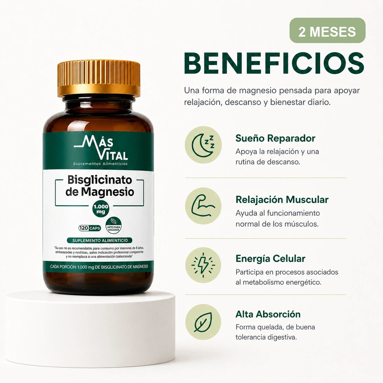 Beneficios del Bisglicinato de Magnesio Más Vital para relajación descanso energía y alta absorción