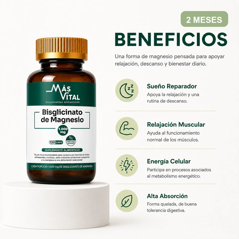 Beneficios del Bisglicinato de Magnesio Más Vital para relajación descanso energía y alta absorción