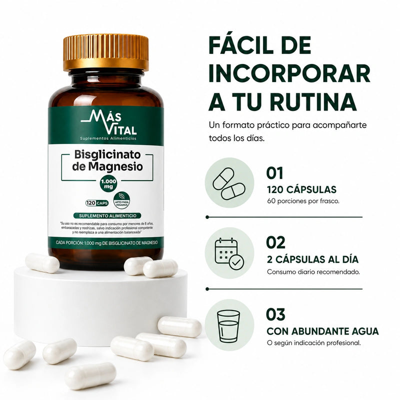 Modo de uso del Bisglicinato de Magnesio Más Vital 120 cápsulas con 2 cápsulas al día