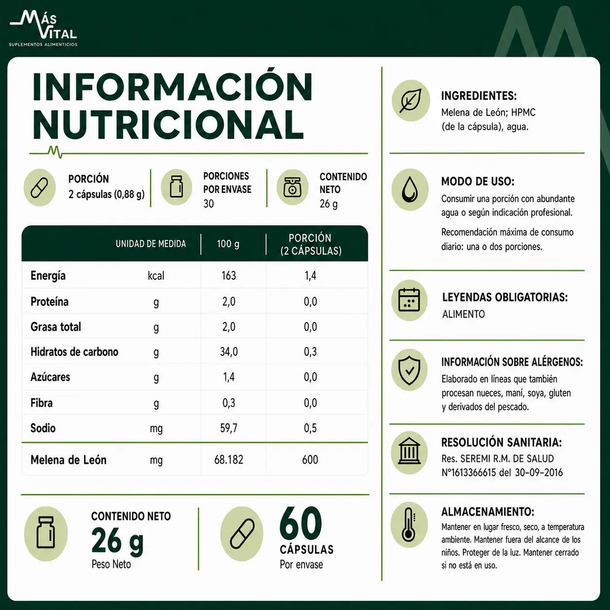 Información nutricional de Melena de León Más Vital con ingredientes, porción y modo de uso