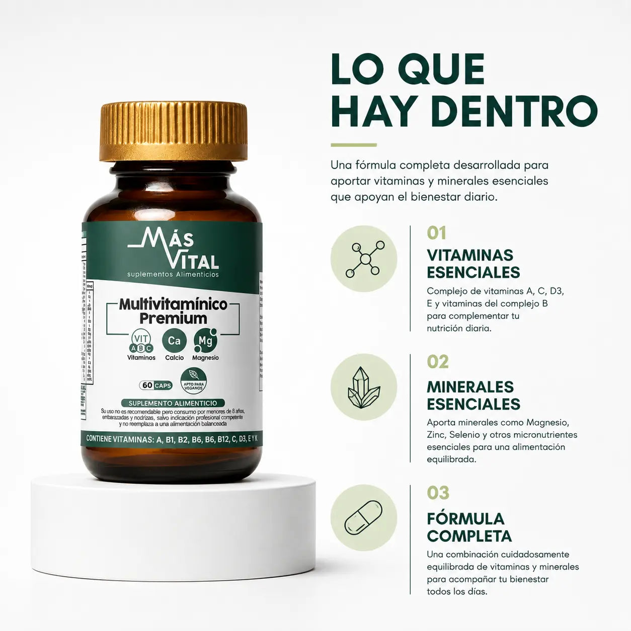 Multivitamínico Premium Más Vital con resumen de vitaminas esenciales y minerales