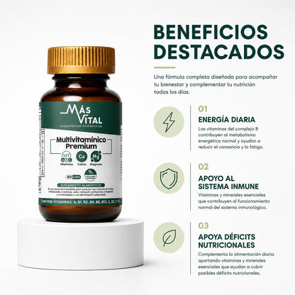 Multivitamínico Premium Más Vital con beneficios destacados: energía diaria, apoyo al sistema inmune y cobertura nutricional