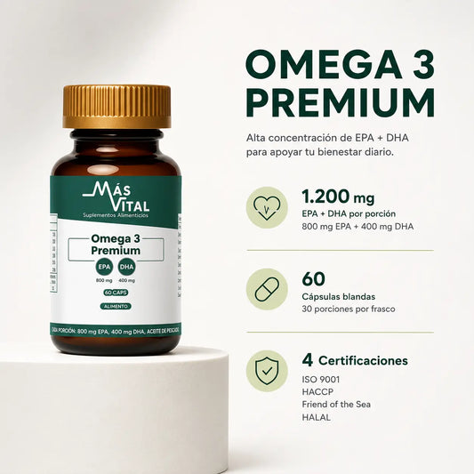 Omega 3 Premium EPA 800 mg DHA 400 mg, 60 cápsulas, certificaciones ISO