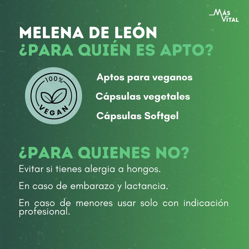 Melena de León apta para veganos: cápsulas vegetales y recomendaciones de uso; evitar si hay alergia a hongos