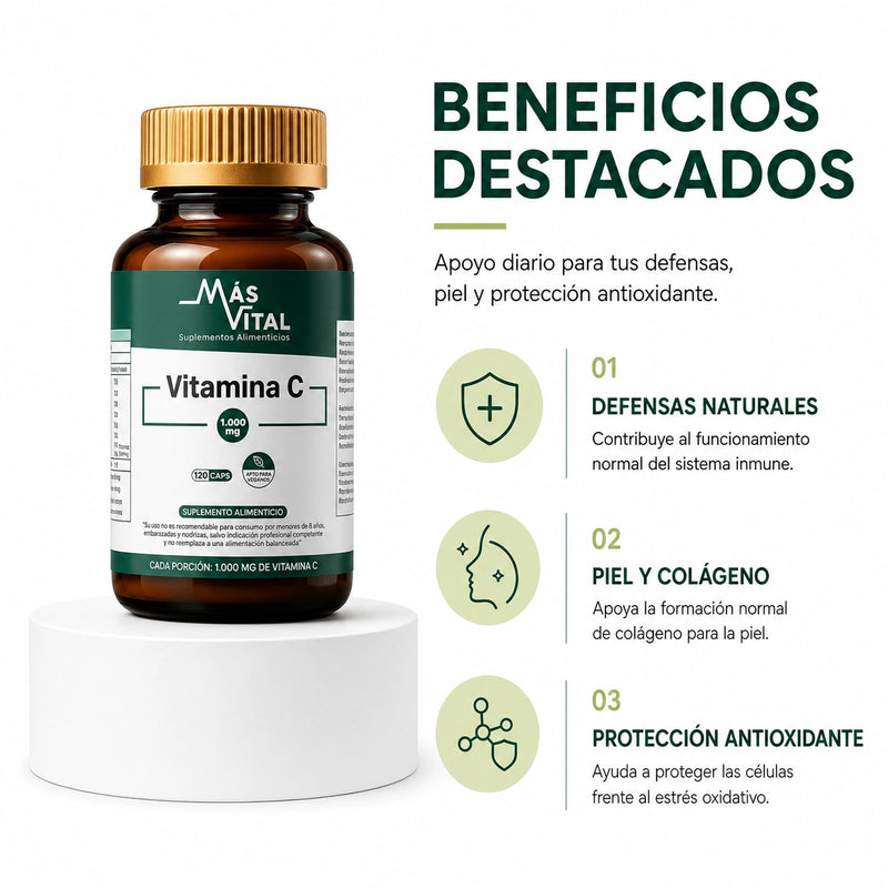 Beneficios de Vitamina C Más Vital para defensas, piel, colágeno y protección antioxidante