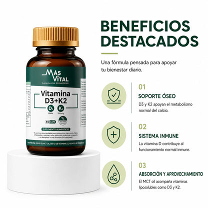 Vitamina D3 + K2 | 800 UI + 100 mcg | 60 Cápsulas | 2 meses